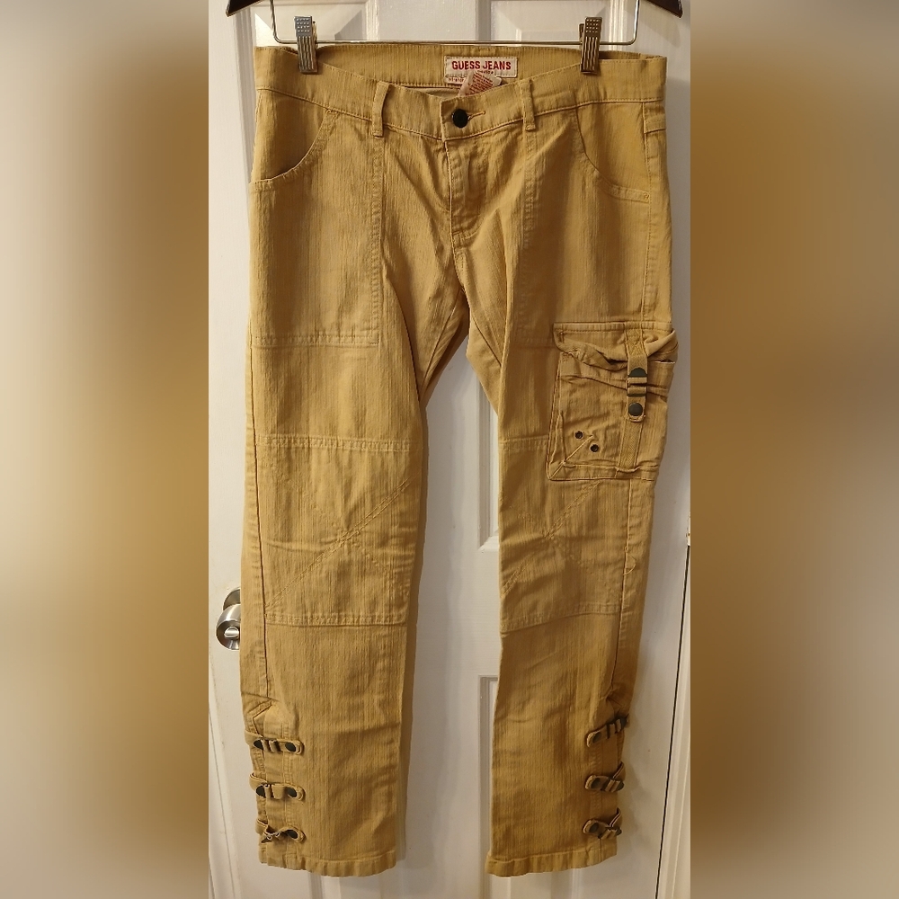 Guess cargo jeans, size 27, warm khaki, tapered ankles w/ sassy buckles